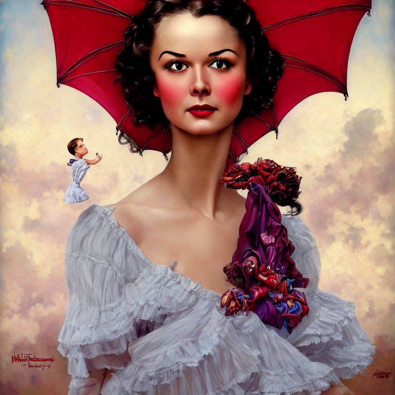 Woman in white dress with red umbrella and tiny man blowing kiss.
