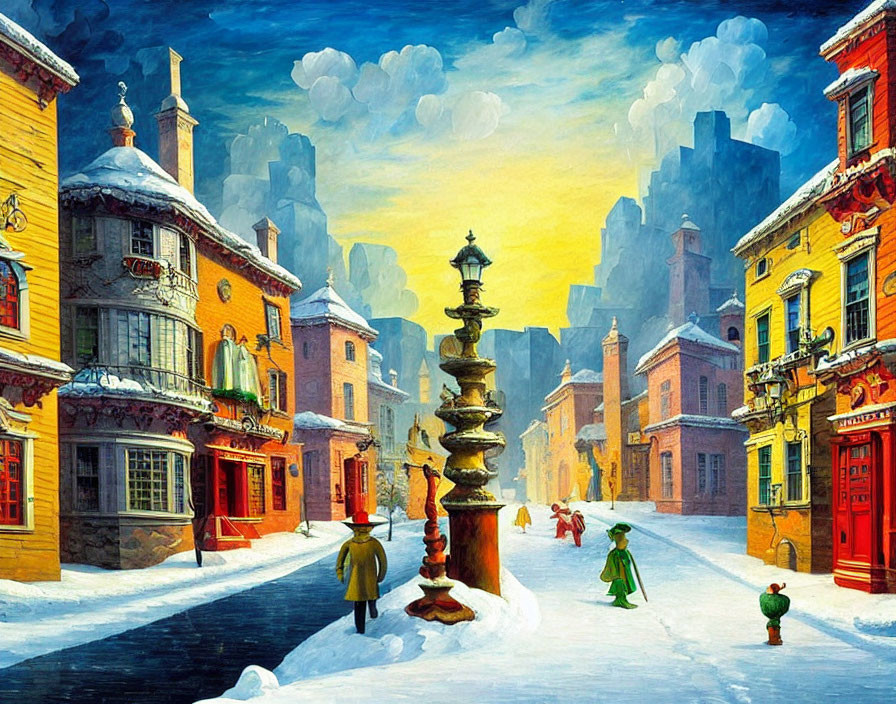 Vintage snowy street scene with period clothing and ornate lamp post