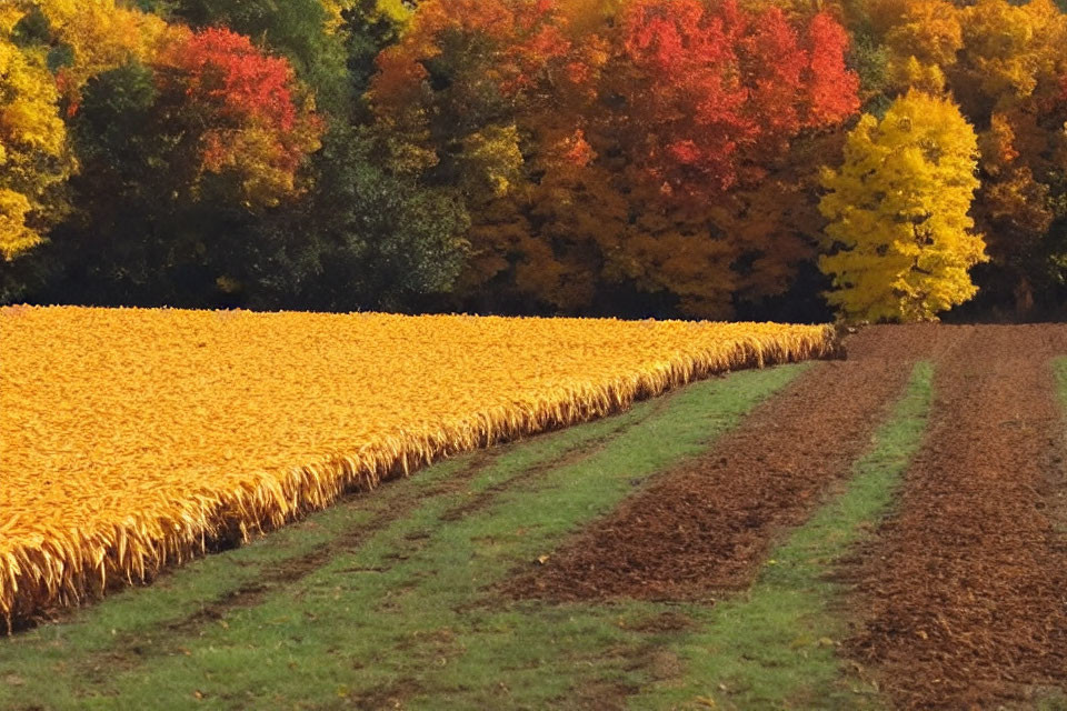 Colorful autumn landscape with golden crops and vibrant trees