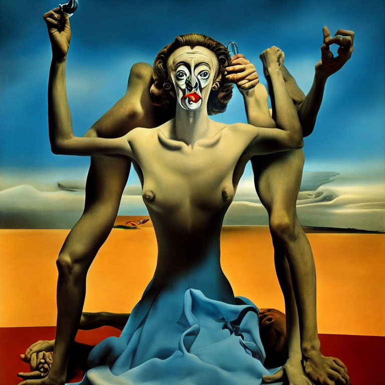 Surreal painting of faceless female figure with floating clown-like face in desert landscape