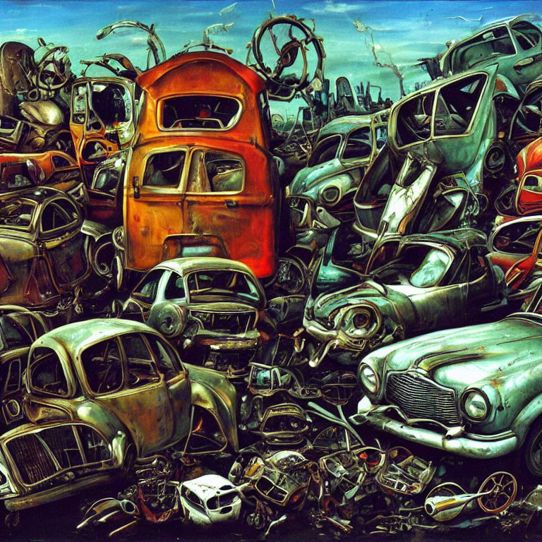 Colorful chaotic junkyard with rusted cars under dramatic sky