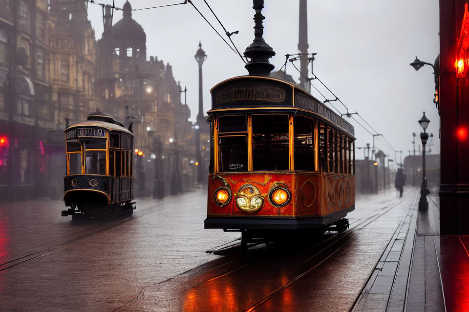 Vintage trams on rainy cobbled street at dusk with historic buildings and street lamps.