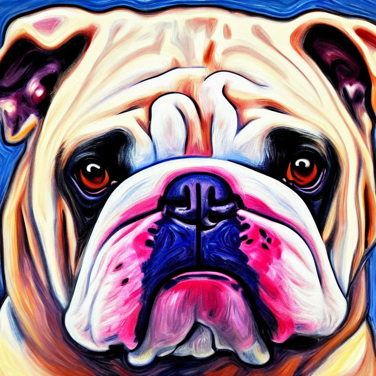 Vibrant Bulldog Portrait on Blue Swirl Background