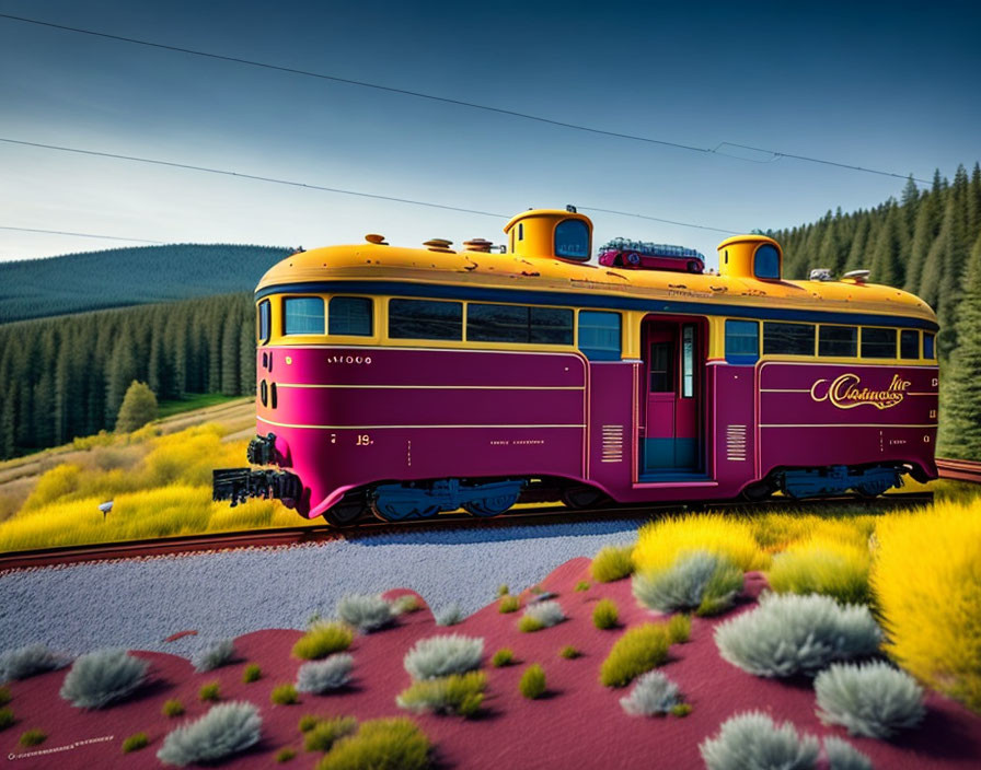 Classic Purple and Yellow Train in Scenic Landscape