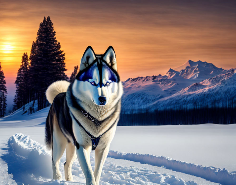 Siberian Husky Dog with Blue Eyes in Snowy Sunset Scene