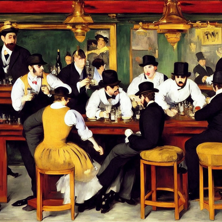 19th-Century Parisian Café Scene with Patrons, Barmaid, and Detailed Ambience