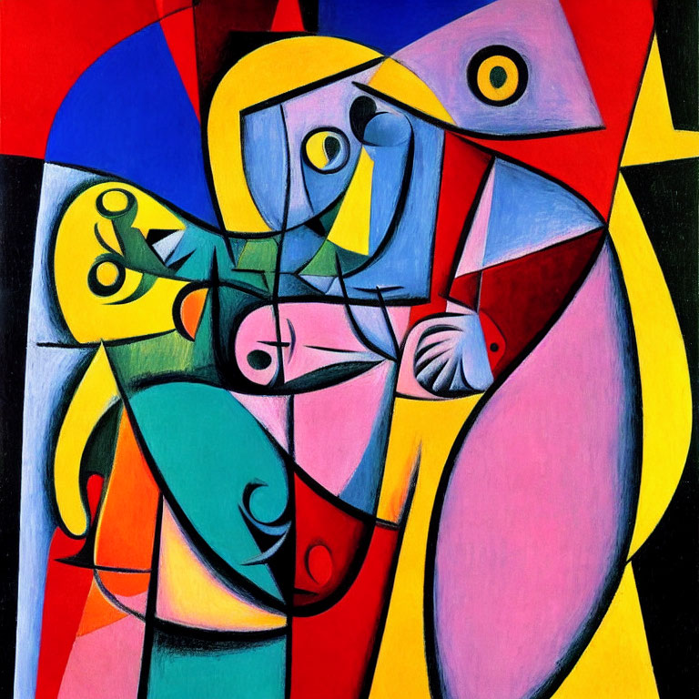 Colorful Cubist Painting Featuring Geometric Shapes and Fragmented Human Figure