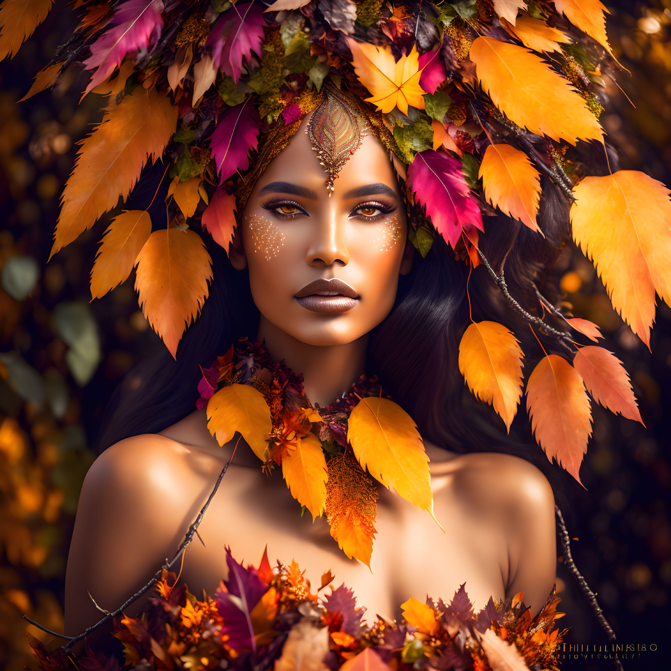 Person adorned with autumn leaves, embodying fall essence with warm colors and artistic makeup