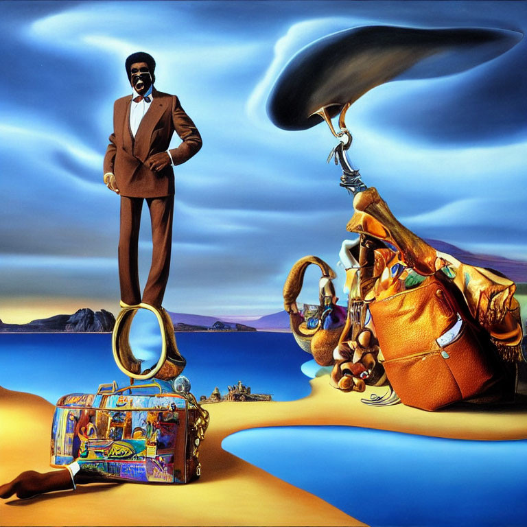 Surreal desert landscape with melting clocks and man in suit