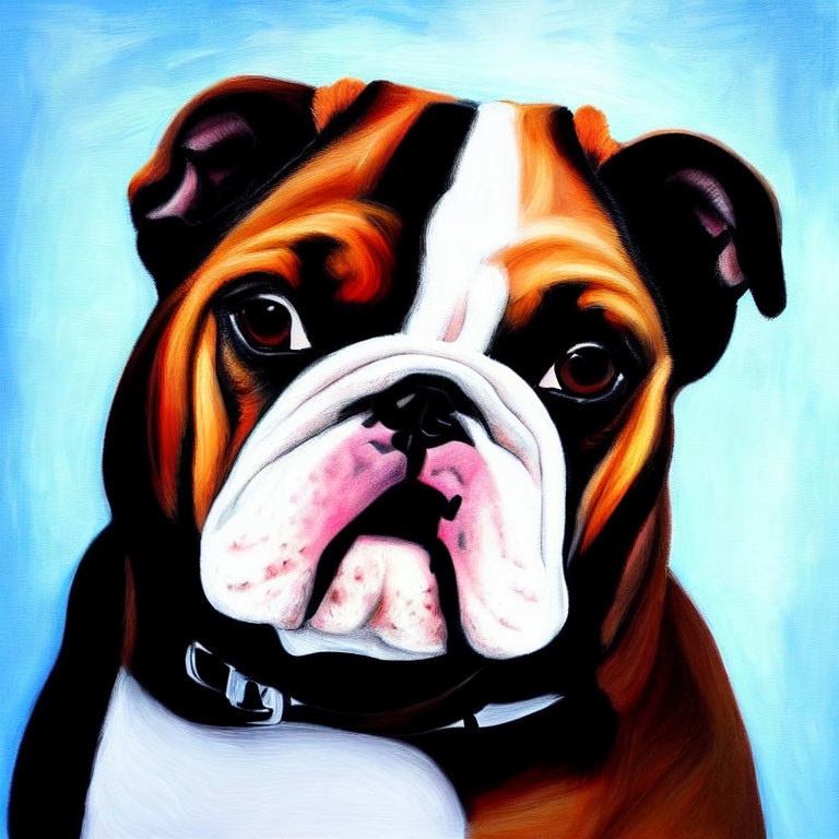 Vibrant Bulldog Painting with Expressive Eyes on Light Blue Background