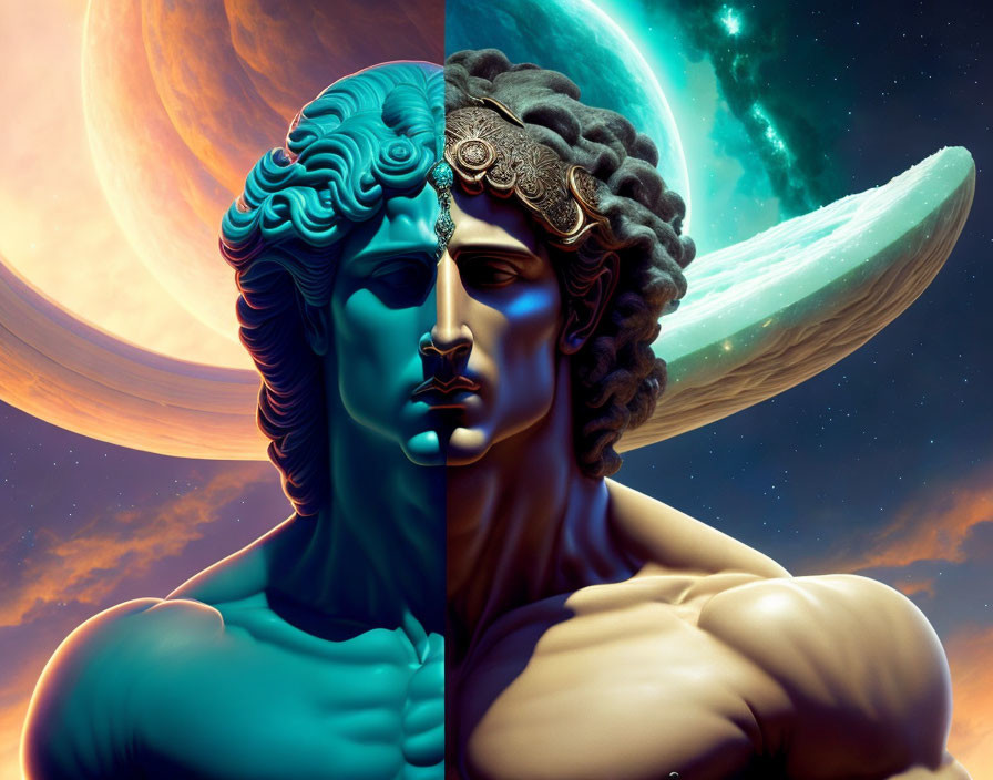 Split-image of stylized male figure in blue & warm tones against cosmic backdrop with planets.