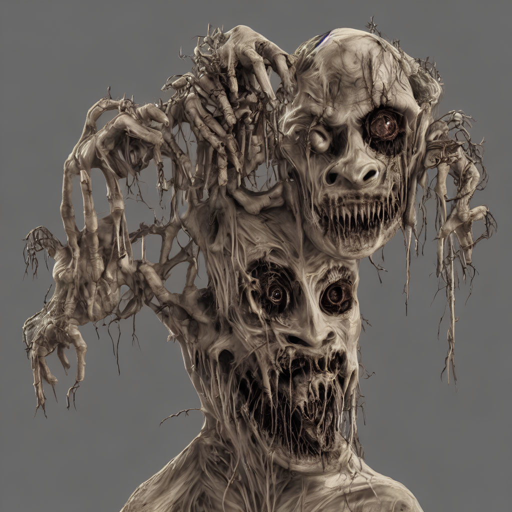Creepy two-headed zombie with decomposing skin and bared teeth on grey background
