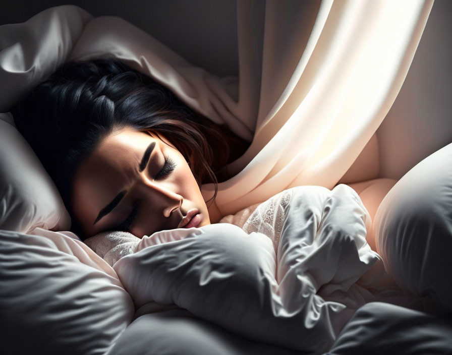 Woman peacefully sleeping in dimly lit room with white bedding and fluttering curtains