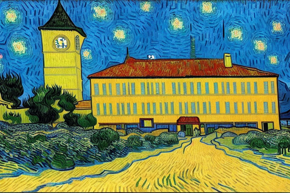 Expressionist Painting of Yellow Building with Clock Tower at Night