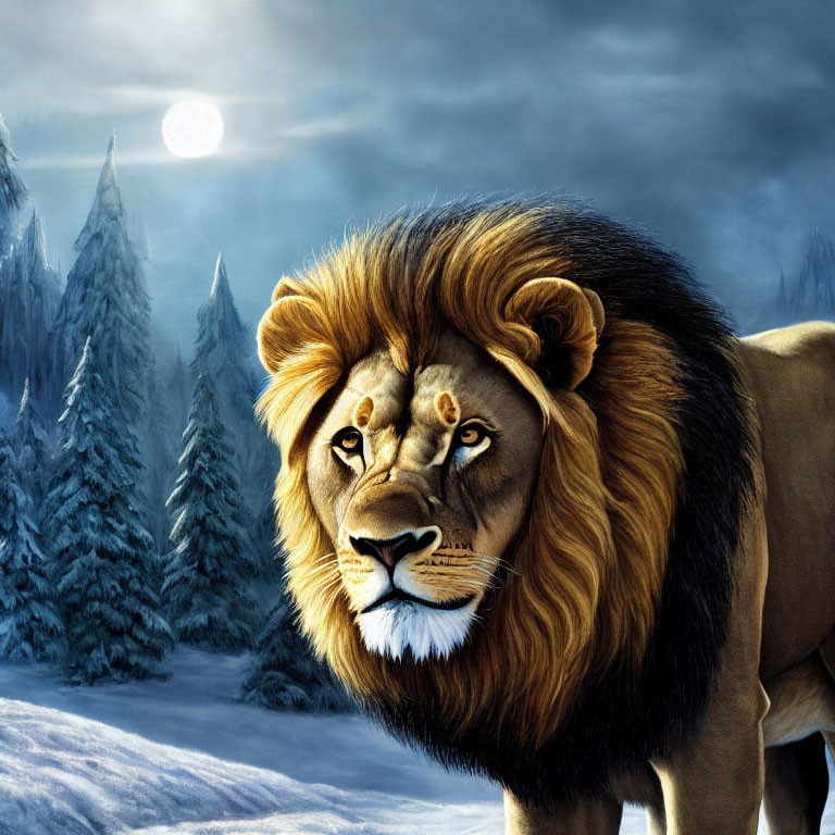 Majestic lion with thick mane in snowy forest under moonlit sky