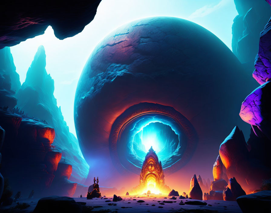 Surreal sci-fi landscape with large planet and alien cave entrance