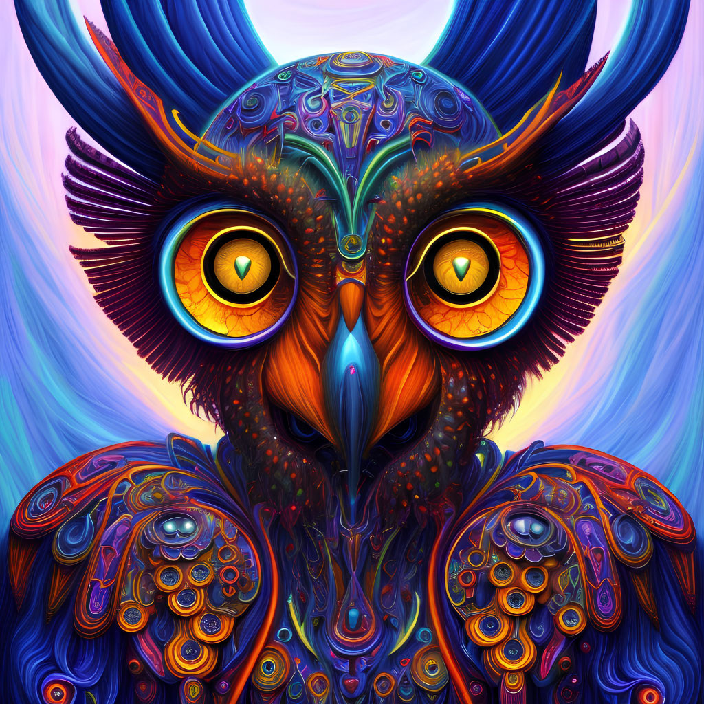 Colorful Fantastical Owl Illustration with Golden Eyes and Ornate Patterns
