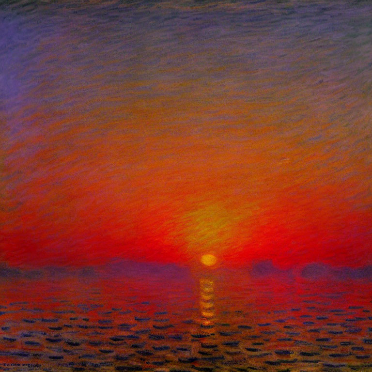 Impressionist sunset painting with vibrant reds and oranges reflecting on water.