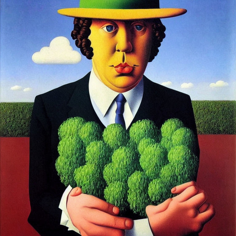 Surreal painting: man with tree-shaped face holding foliage bouquet