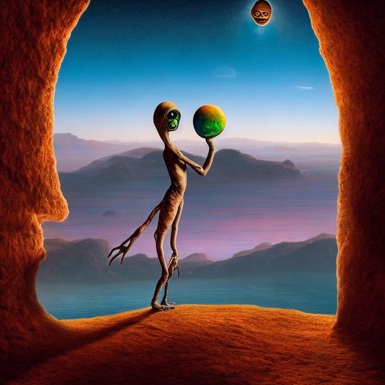 Alien figure holding green planet at cave entrance with surreal landscape.