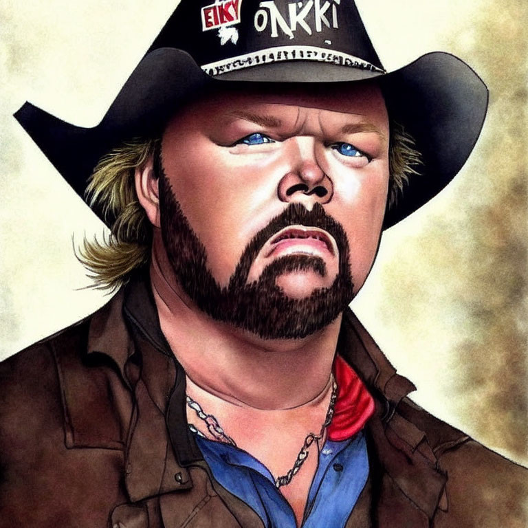 Illustrated portrait of a bearded man in black cowboy hat with logo and blue bandana.