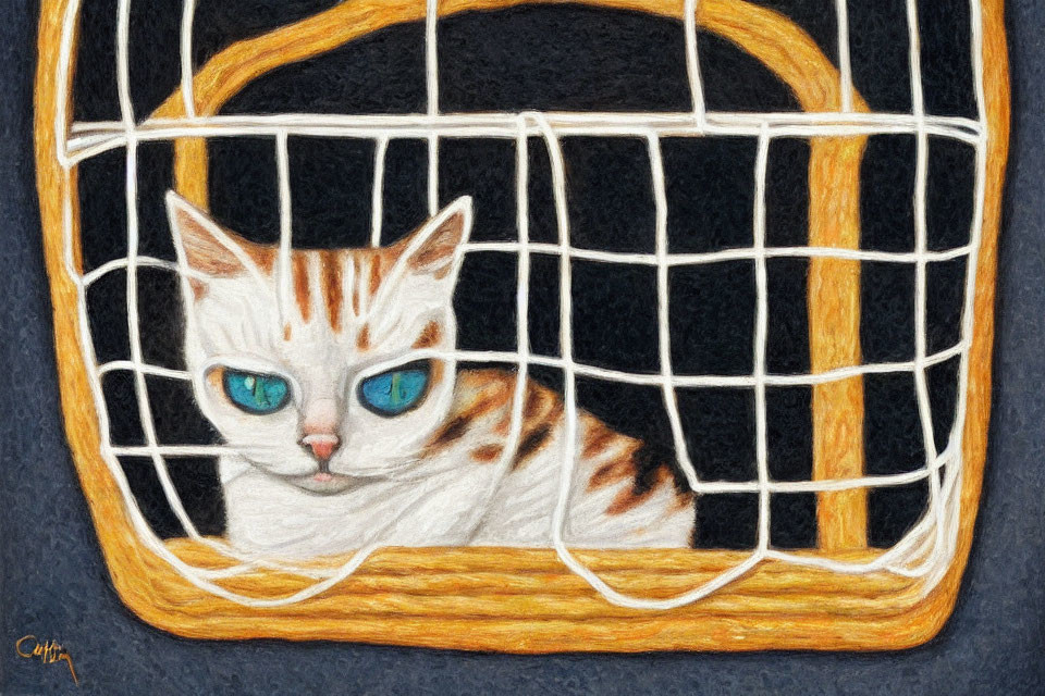 White and Orange Cat with Blue Eyes in Golden Wicker Carrier