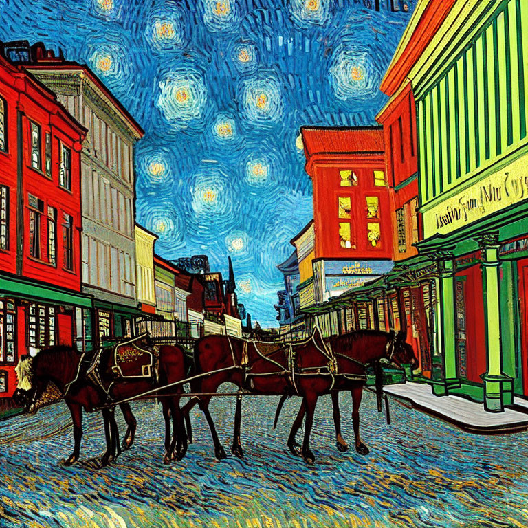 Digital artwork of historical street scene with horse-drawn carriage and starry sky