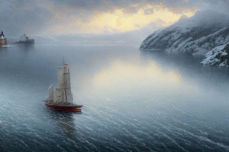 Sailing ship on icy waters near snow-covered hills at twilight