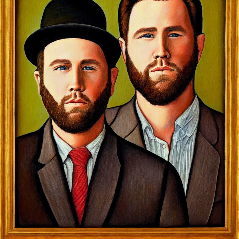 Two Serious Men with Beards in Black and Gray Suits in Golden Frame