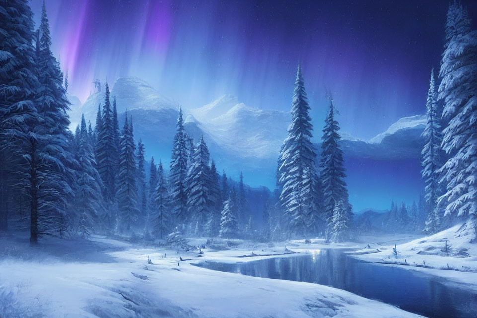 Snow-covered trees, calm river, and aurora borealis in serene winter night landscape