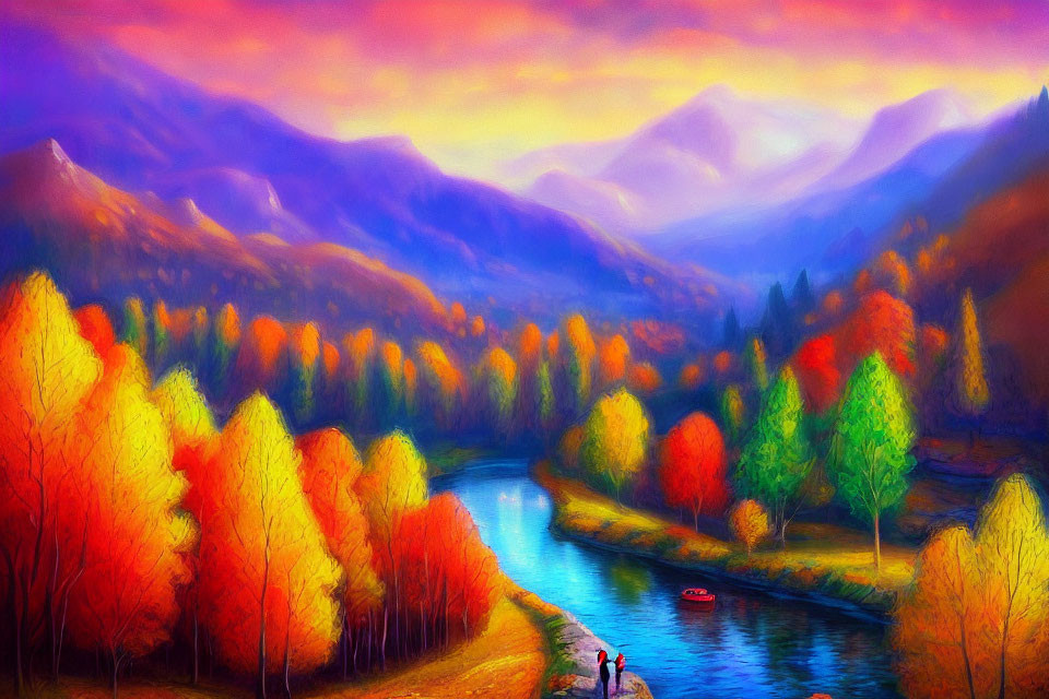 Vibrant autumn landscape with river, colorful trees, mountains, and couple walking.