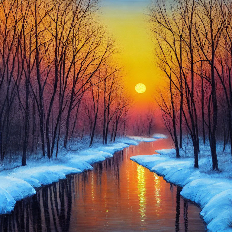 Winter sunset over snow-bordered river with barren trees in orange-blue sky