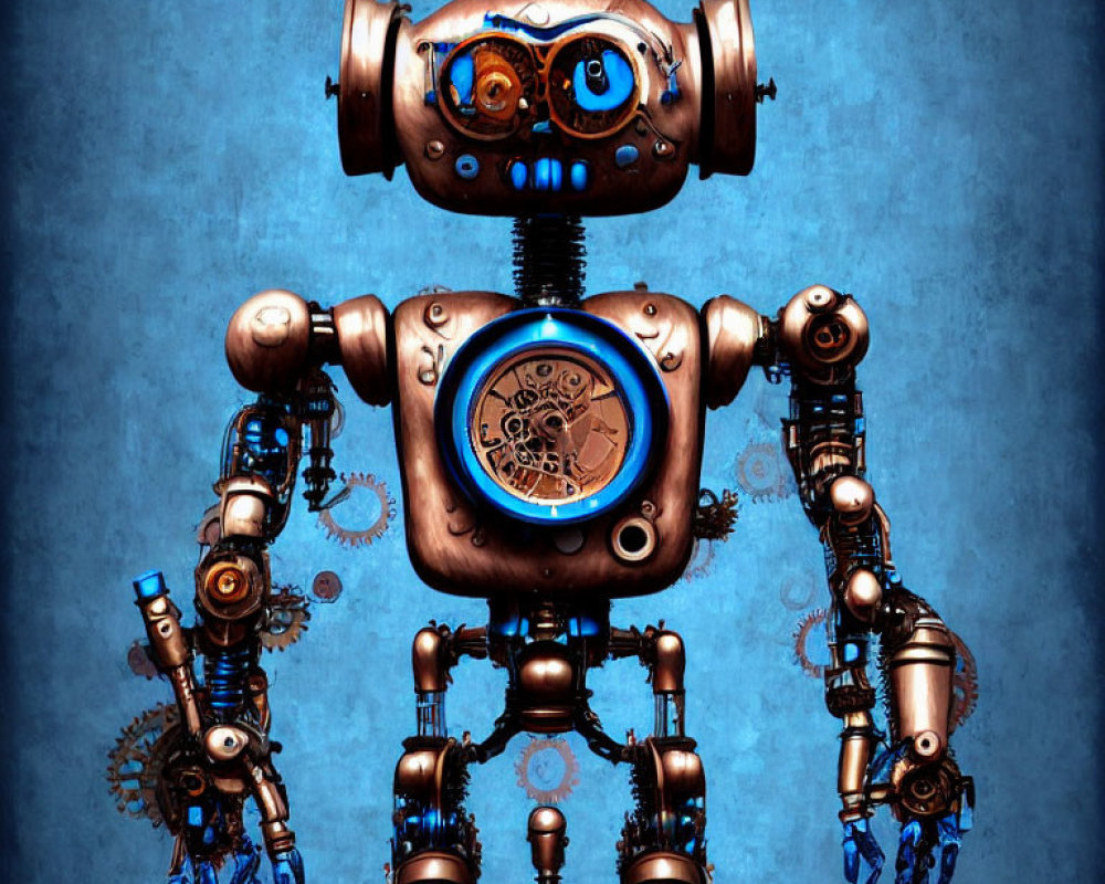 Intricate Steampunk Robot with Gears on Blue Background