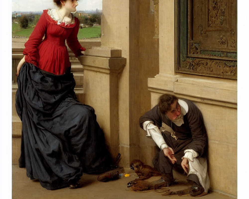 Classical oil painting of woman in red dress, man with dog by door