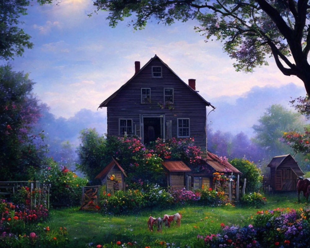 Country house with blooming flowers and grazing horse in twilight scene
