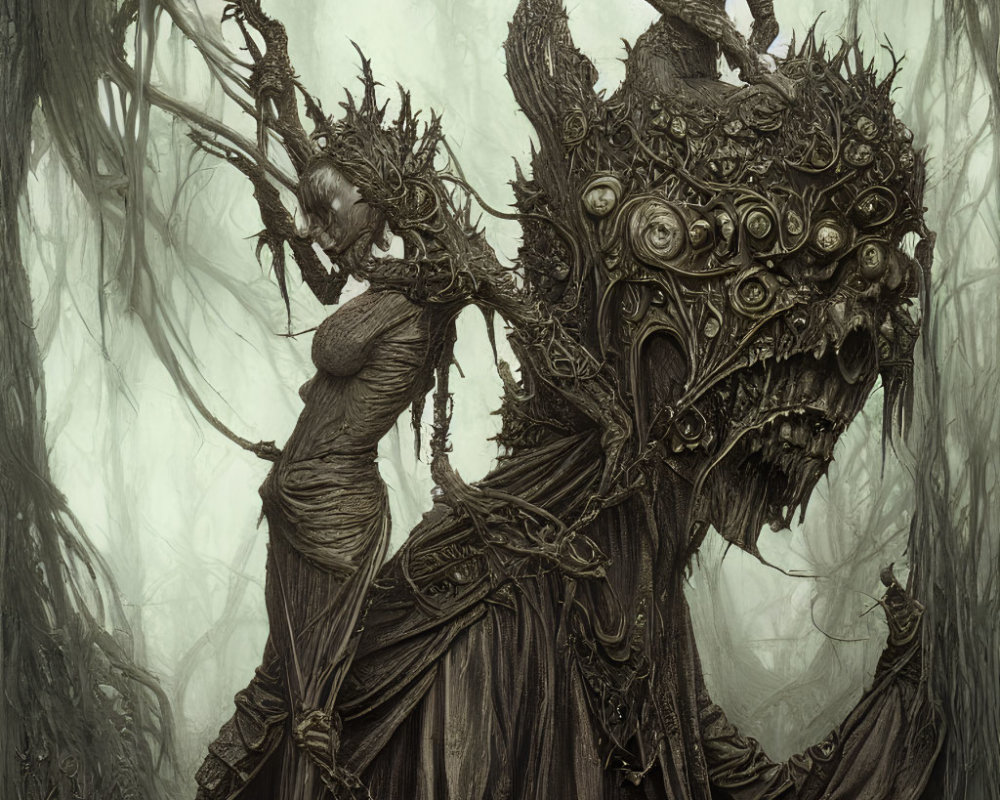 Dark, eerie figure with twisted tree head in shadowy woods
