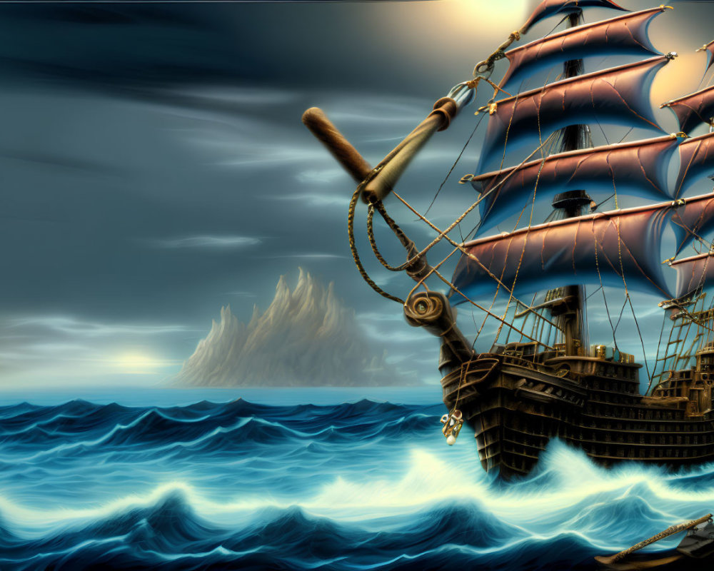 Digital artwork of old sailing ship in turbulent ocean with dramatic sky