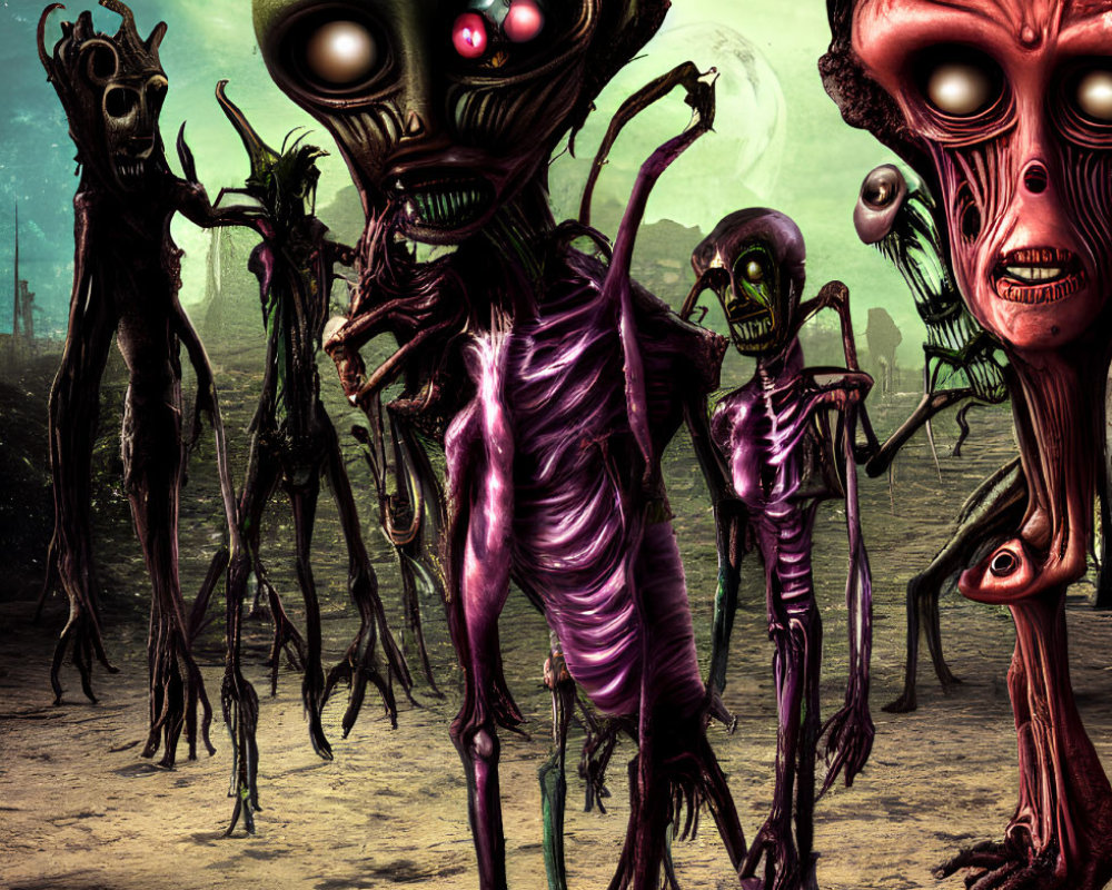 Group of extraterrestrial creatures with oversized heads and glowing eyes in desolate landscape