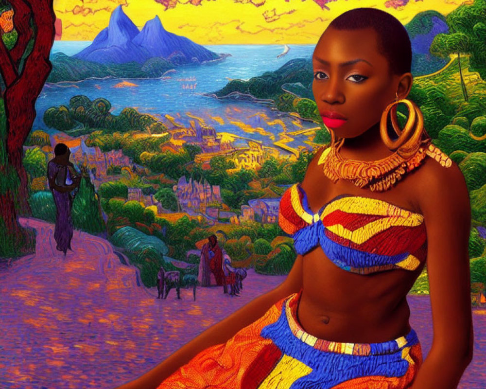 Woman with Gold Jewelry in Colorful Landscape with Mountains and Sunset Sky