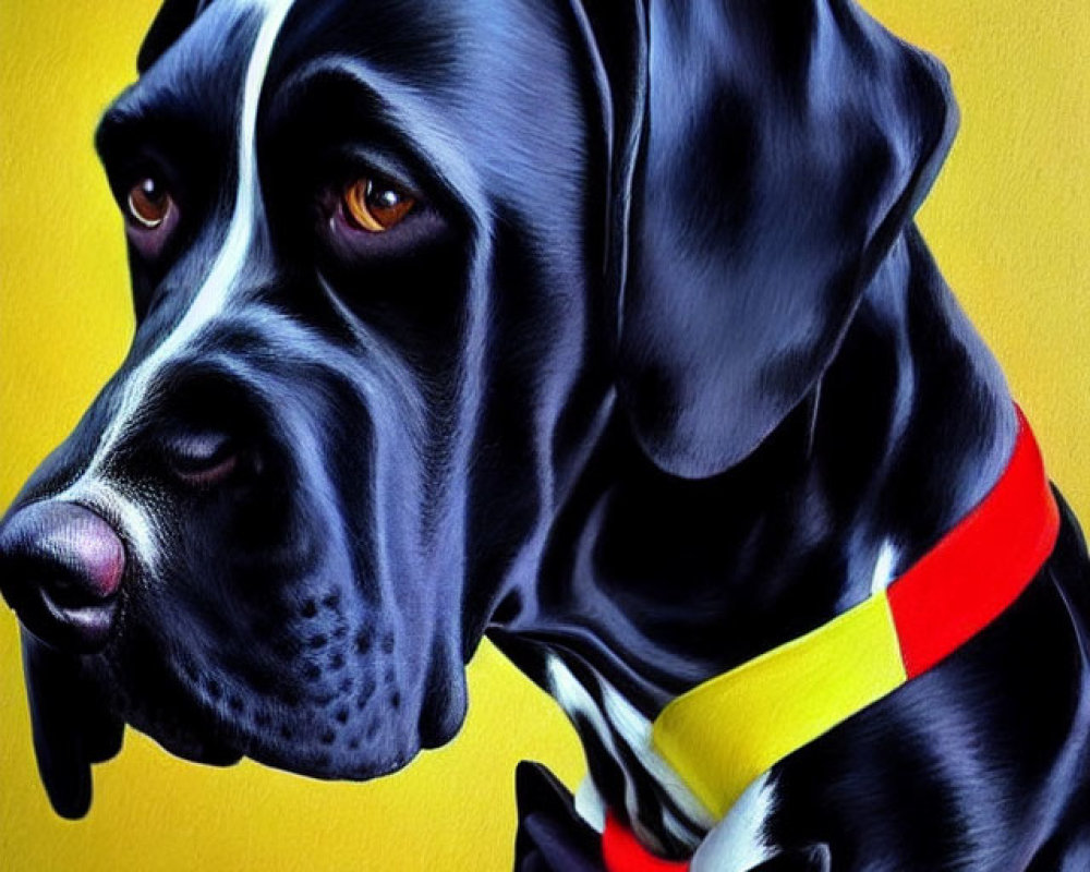 Great Dane portrait with bright amber eyes and red collar