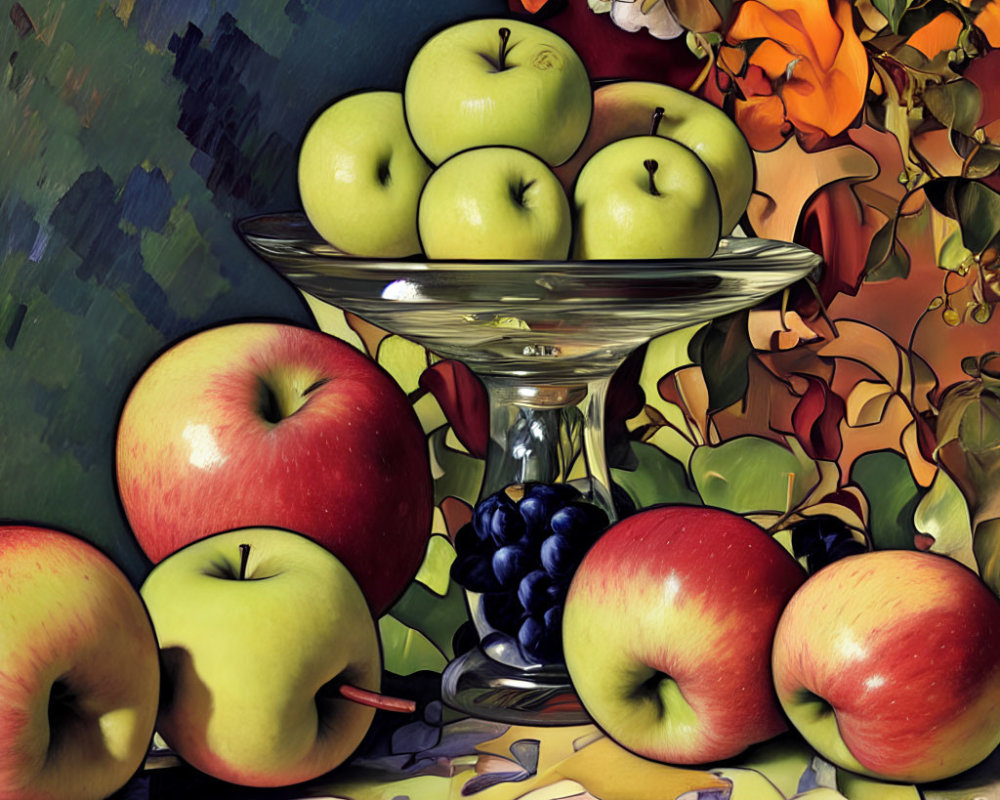Colorful Still Life of Apples and Grapes on Glass Pedestal Bowl