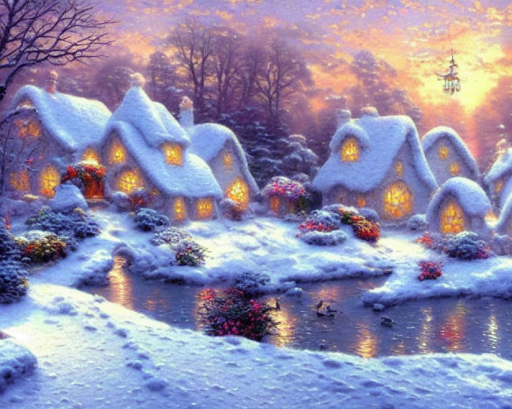 Snow-covered cottages and frozen pond in twilight forest setting