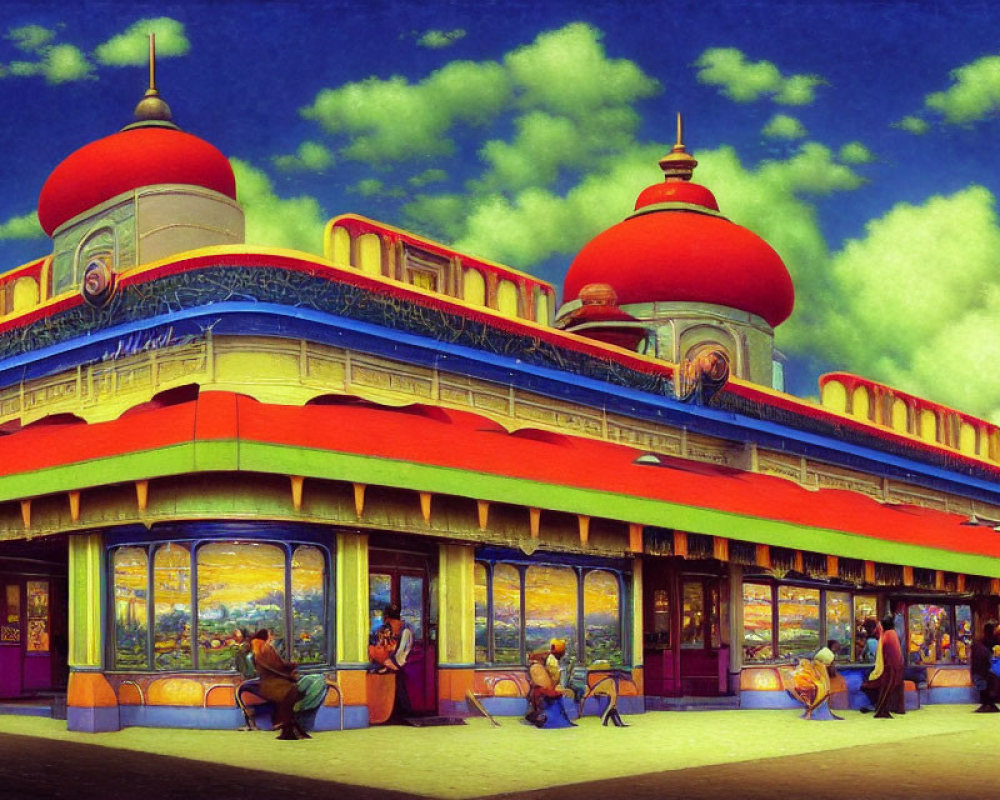 Colorful vintage diner scene with ornate domed roofs and diners under blue sky
