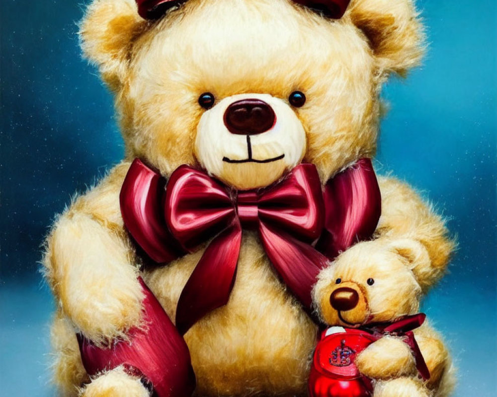 Two teddy bears with red bow and holiday ornament on blue backdrop