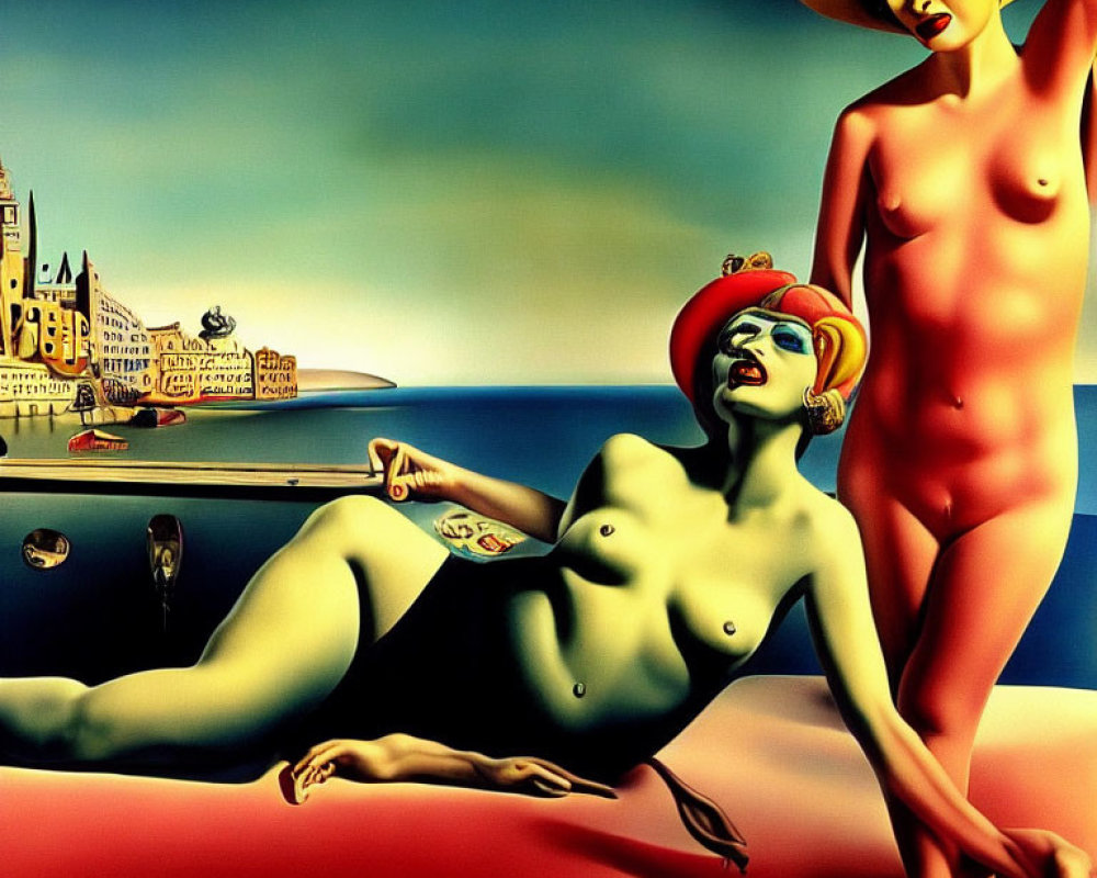 Surreal nude figures on beach with vibrant colors & dreamlike townscape