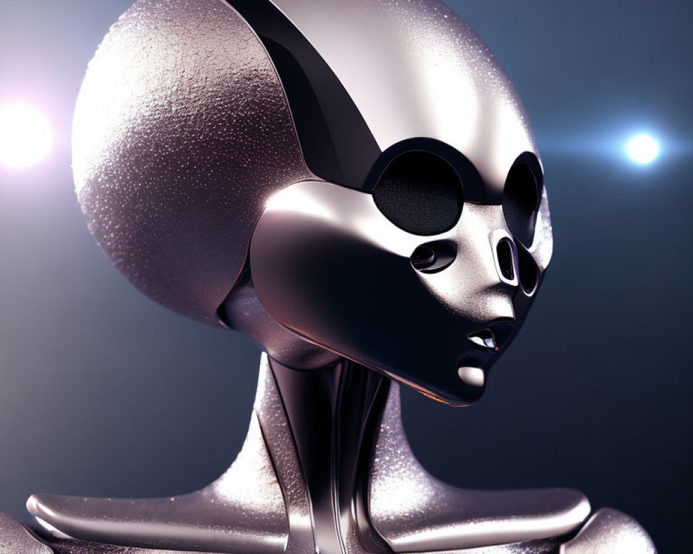 Detailed 3D rendering of humanoid alien with black eyes and metallic skin