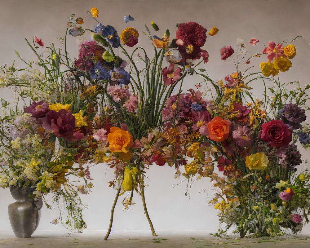 Colorful Flower Arrangement in Vases on Neutral Background