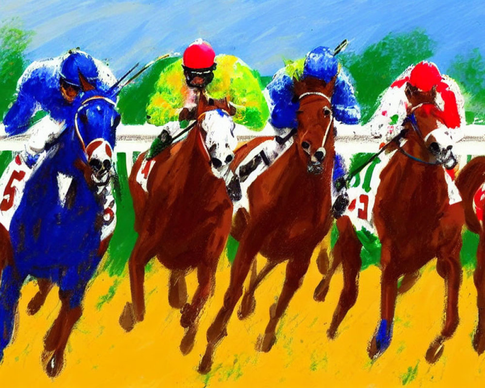 Vibrant Horse Racing Painting with Jockeys in Silks on Dirt Track