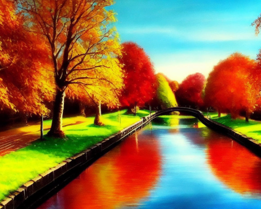 Tranquil canal with autumn trees and footbridge