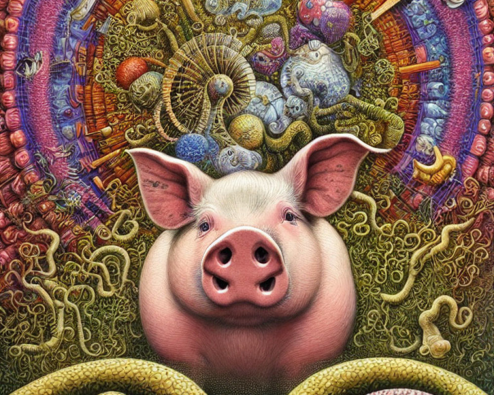 Detailed Pig's Face Illustration with Cosmic Background